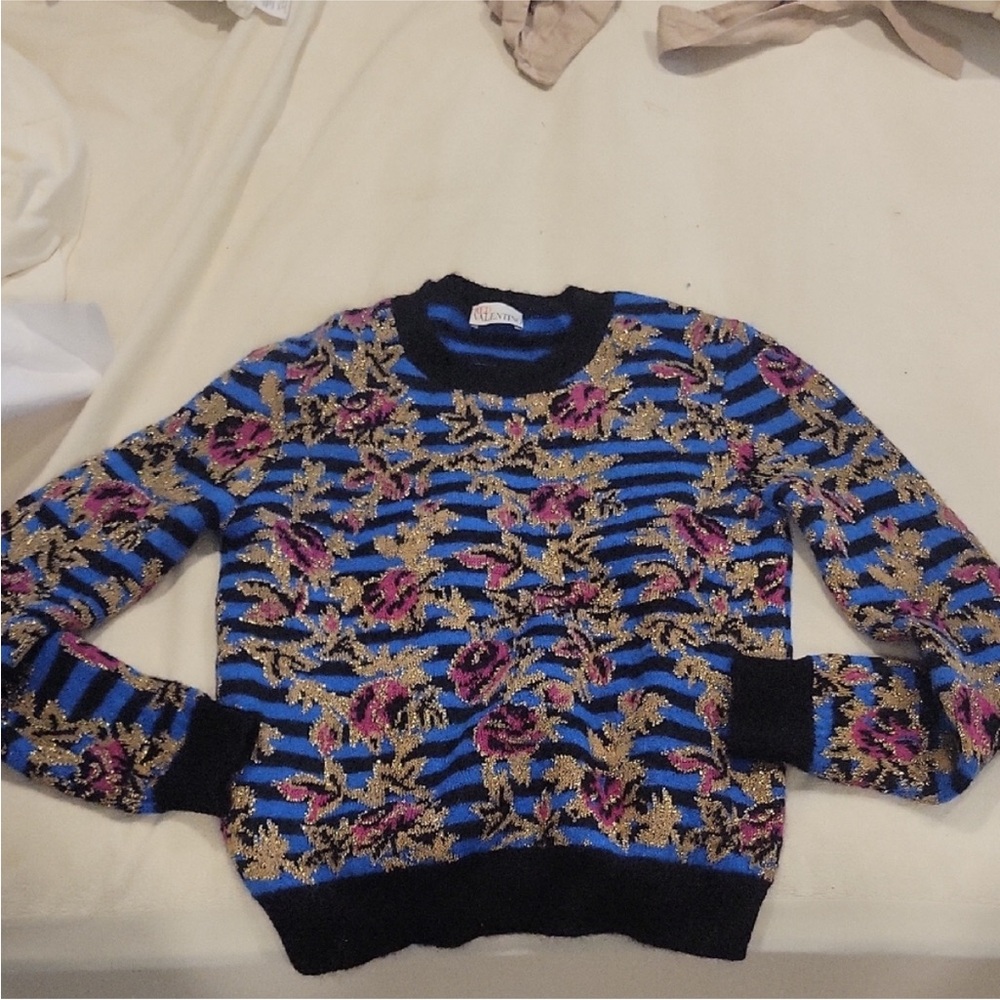 RED Valentino Black and Blue Sweater with Gold and Pink Accents